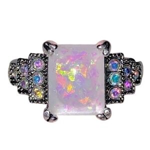 New Sz 8 Silver Opal Tiered Cluster Statement Square Cocktail Ring